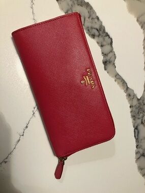 Prada Pink Saffiano Zip Wallet with Gold Logo